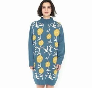 Coquette Sweater Dress Medium Cottage Graphic Floral Birds Japanese Colorful